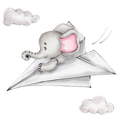 Cartoon elephant on paper plane; watercolor hand drawn illustration; with white isolated background