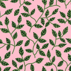 Fototapeta na wymiar Cute neutral pattern with simple leaves on pink background. Cute simple print for textile, dresses, wallpaper and ect.