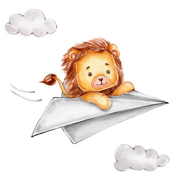 Cartoon Cute Lion On Paper Plane; Watercolor Hand Drawn Illustration; With White Isolated Background