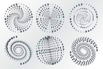 Set of spirals, Design elements, dotted abstract patterns. Spiral swirl, twist points, vortex halftone. Vector templates of circular radial rotation lines.