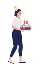 Lady with birthday cake semi flat color vector character. Sitting figures. Full body people on white. Festive celebration simple cartoon style illustration for web graphic design and animation