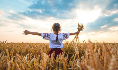 Child in a wheat field. In vyshyvanka, the concept of the Independence Day of Ukraine. Selective focus.