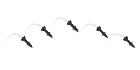 Missile rocket warhead launch frying in war with white background black icon flat vector design.