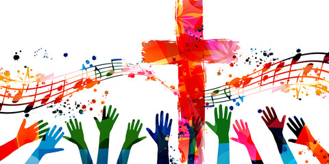 Christian cross with hands and musical notes isolated vector illustration. Religion themed background. Design for Christianity, prayer and care, church choir, church service, communion, charity, help - 489833347