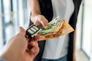 a young business woman is given car keys and she is euros for a car