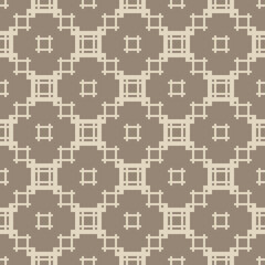 Vector geometric ornament in ethnic style. Abstract seamless pattern with squares, lines, grid, repeat tiles. Vintage retro texture. Simple background in brown tones. Repeat design for decor, textile