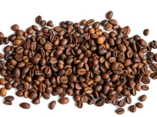 Handful of coffee beans isolated on white background. Coffee texture and background.