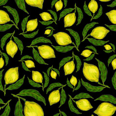 Creative seamless pattern with lemons. Oil paint effect. Bright summer print. Great design for any purposes	