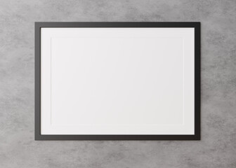 Blank, black horizontal picture frame hanging on concrete wall. Template, mock up for your picture or poster. Copy space. 3D rendering.