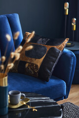 Stylish close up on the elegant pillow in the glamour living room interior. Golden home decorations and creative personal accesories. Dark blue wall. Template. Copy space.