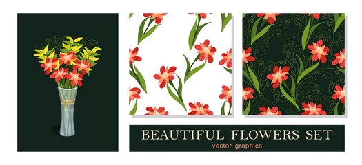 Colorful rich bouquet of flowers in a vase. Simple trendy graphics. Floral decoration set of bouquet and seamless patterns. Vector graphics