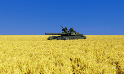 Fototapeta premium a T-90 Russian tank occupying a landscape with Ukraine flag colors the hole illustration is cut following the Ukrainian map 