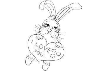 Bunny vector line art, outline illustration. Bunny holding heart. Heart with I love you written on contour line art illustration.