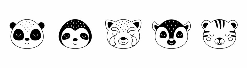 Collection of cartoon animal faces in scandinavian style. Cute animals for kids t-shirts, wear, nursery decoration, greeting cards. Black and white panda, sloth, red panda, lemur, tiger.