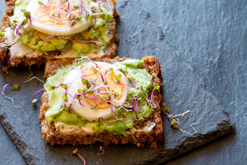Tasty and healthy vegetarian sandwich with avocado and egg sprinkled with sprouts