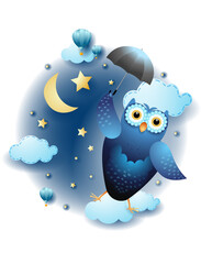 Night landscape with flying owl and umbrella, fairy tale. Vector illustration eps10