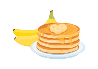 Fresh banana pancakes with syrup icon vector. Pile of delicious pancakes with pieces of banana on a plate icon isolated on a white background