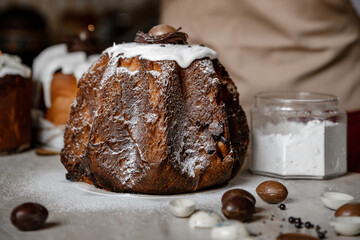 Easter, Easter cake on a dark background with a complex composition, beautiful scenery, dried...