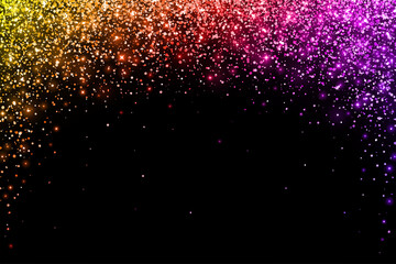 Multicolor falling particles with glow lights round arch on black background. Vector