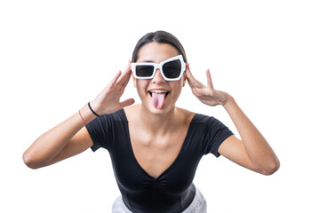 Studio portrait of young brunette model woman wearing funny fancy white sun glasses making faces