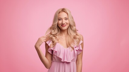 Gorgeous Lady Playing With Curled Blonde Hair Over Pink Background