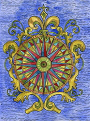 Colorful Marine Fantasy illustration of old compass with baroque patterns against sea wave background. Nautical vintage drawings, t-shirt and tattoo graphic