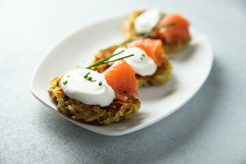 Homemade potato pancakes or lakes with salmon