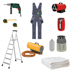 set of tools and equipment for installing a stretch ceiling. Vector image of a drill, a ladder, a master's clothes, a film, a gas cylinder and a gun for installing a stretch ceiling