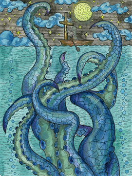 Colorful Marine Fantasy illustration of Leviathan monster and monk hunter with cross. Nautical vintage drawings, t-shirt and tattoo graphic