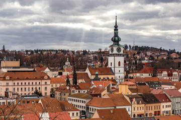 Fototapeta na wymiar Panorama of city Trebic, a UNESCO world heritage site in Moravia, Czech Republic, St Martin Church in Trebic, Czech Republic