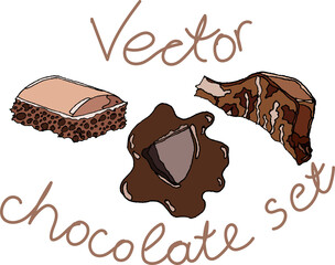 A set of illustrations of chocolate pieces on a white background. Sweets, snacks, a piece of chocolate, chocolate, ready to use, eps. For your design