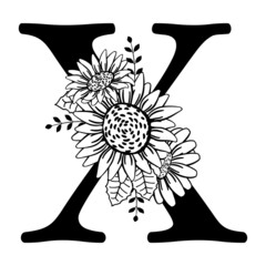 Monogram, capital letter X with flowers and leaves. Family logo, farmhouse decoration. Black silhouette of letter, ready to be printed and cut on plotter. Wedding, personalized gift. Vector