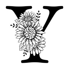 Capital letter Y with flowers. Monogram, signature, title, screen caption. Black outline drawing. Vector illustration isolated on white background. Family logo, sign. Floral design, name initials.