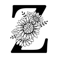 Beautiful letter Z with floral ornament. Z monogram with sunflowers and leaves. Logo, name tag, print, wedding decoration. Named gift. Vector illustration isolated on white background. Design element