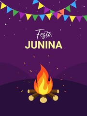 Vector illustration of Festa Junina with Party Flag and bonfire, on purple Background. June Festival Design for Holiday Greeting Cards, Invitations or Posters.