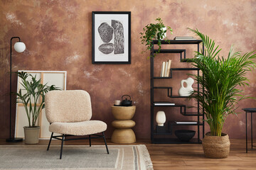 Stylish living room interior design with mock up poster frame frotte armchair, black metal shelf,...