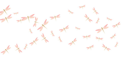 Fairy rosy pink dragonfly isolated vector wallpaper. Summer pretty insects. Wild dragonfly isolated girly illustration. Sensitive wings damselflies graphic design. Tropical creatures