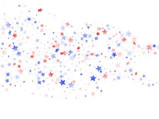 Flying red blue white star sparkles on white vector american patriotic background.