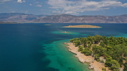 Obraz premium Aerial drone photo of famous seaside area and forest of Kentri in picturesque village and port of Galaxidi, Fokida, Greece