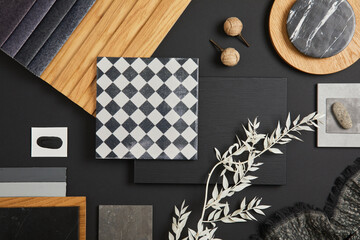 Stylish flat lay comosition of creative architect moodboard with black, white, beige and grey...