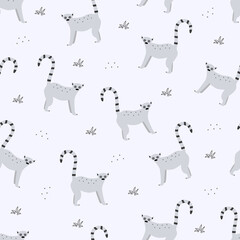 Seamless pattern with cartoon lemur, funny cute animals of Africa monkeys lemur. Background, wallpaper for printing on clothing packaging.