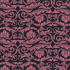 Seamless pattern in black ang rose pink, vintage Victorian floral ornament of flowers, scrolls and swirls