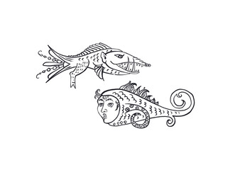 Medieval art of animals - middle ages aquatic beast fish, whale and shark