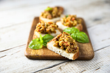 Homemade bruschetta with olive tapenade