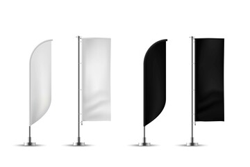 The layout of the flag of different shapes. Banner flag templates. A set of vector advertising flags. Black and white empty vertical flags. Realistic vector illustration.
