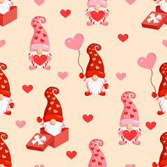 Seamless pattern with cute gnomes and hearts. Vector illustration of valentines day texture for postcard, textile, decor, paper, texture, wrapping.
