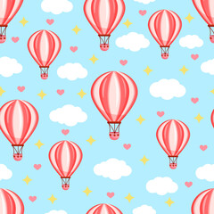Naadloos patroon met roze hete luchtballon die in de lucht tussen de wolken vliegt. Vectortextuurillustratie voor briefkaart, textiel, decor, papier, textuur, inwikkeling.