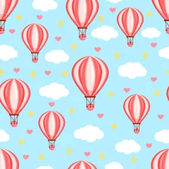 Foto op Plexiglas Luchtballon Naadloos patroon met roze hete luchtballon die in de lucht tussen de wolken vliegt. Vectortextuurillustratie voor briefkaart, textiel, decor, papier, textuur, inwikkeling.