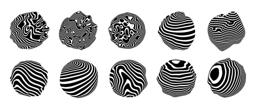 Set of 3d optical illusions on spheres. Spheres from twisted stripes. Illusion effect. Black and white 3d art. Vector illustration.