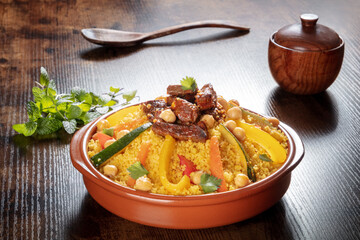 Meat and vegetable couscous, traditional Moroccan food, with fresh cilantro and mint. Festive Arabic dish on a dark rustic wooden table